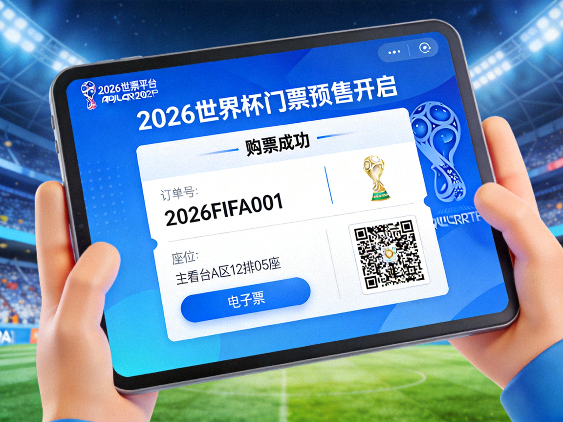 2026世界杯门票预售开启，球迷在官方售票平台抢购，页面显示购票成功界面