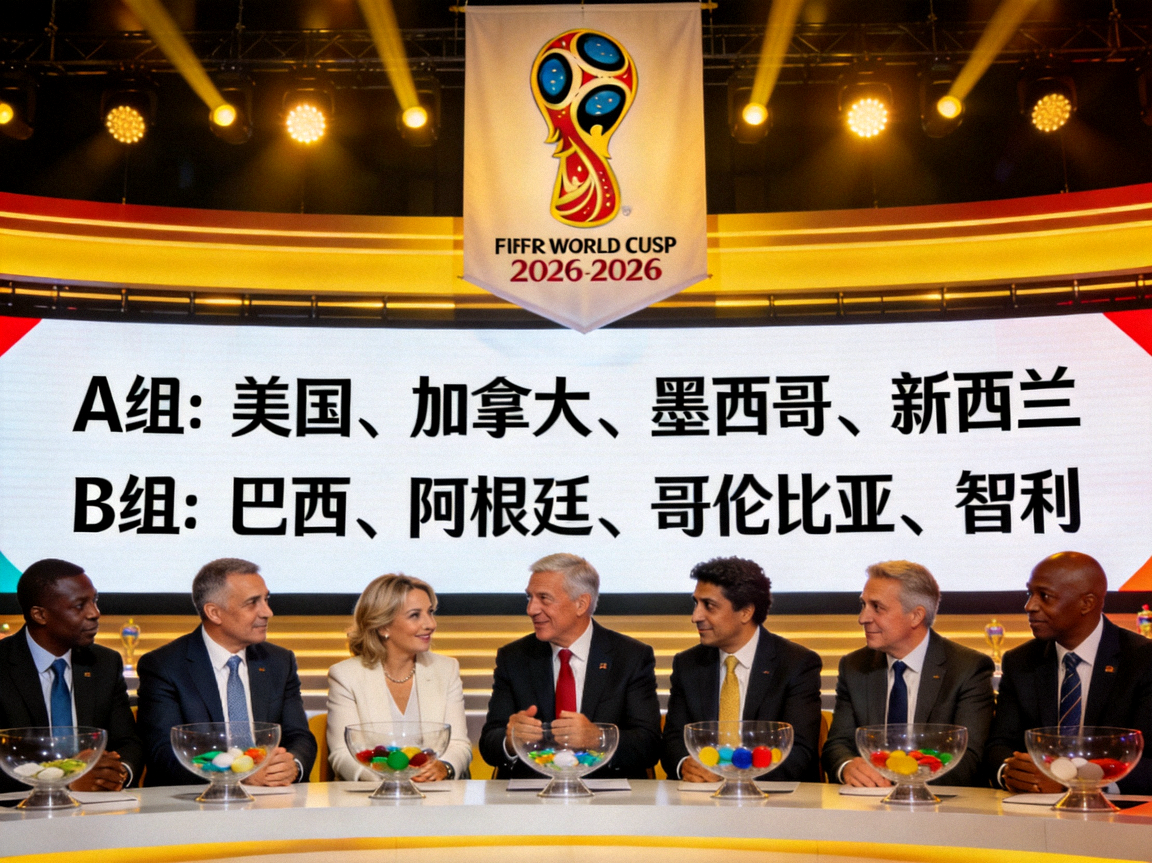 2026世界杯小组赛抽签仪式现场，各国代表齐聚一堂，大屏幕显示分组结果