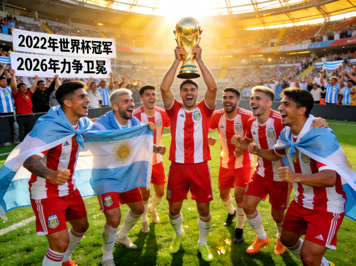 阿根廷国家足球队庆祝画面，2022年世界杯冠军，2026年力争卫冕