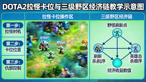 DOTA2拉怪卡位与三级野区经济链教学示意图